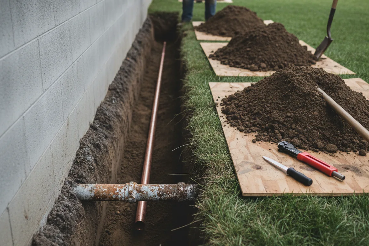 Excavated water line trench during Water Softener Installation in Chestnut Mound